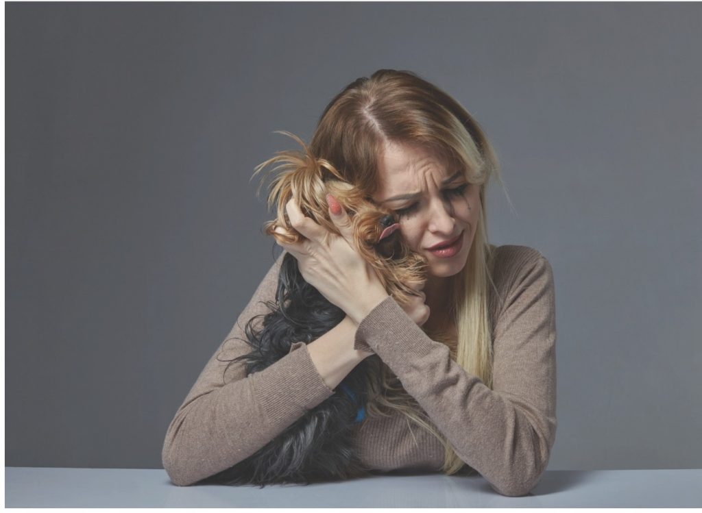 Une femme rassure son chien avant une séparation